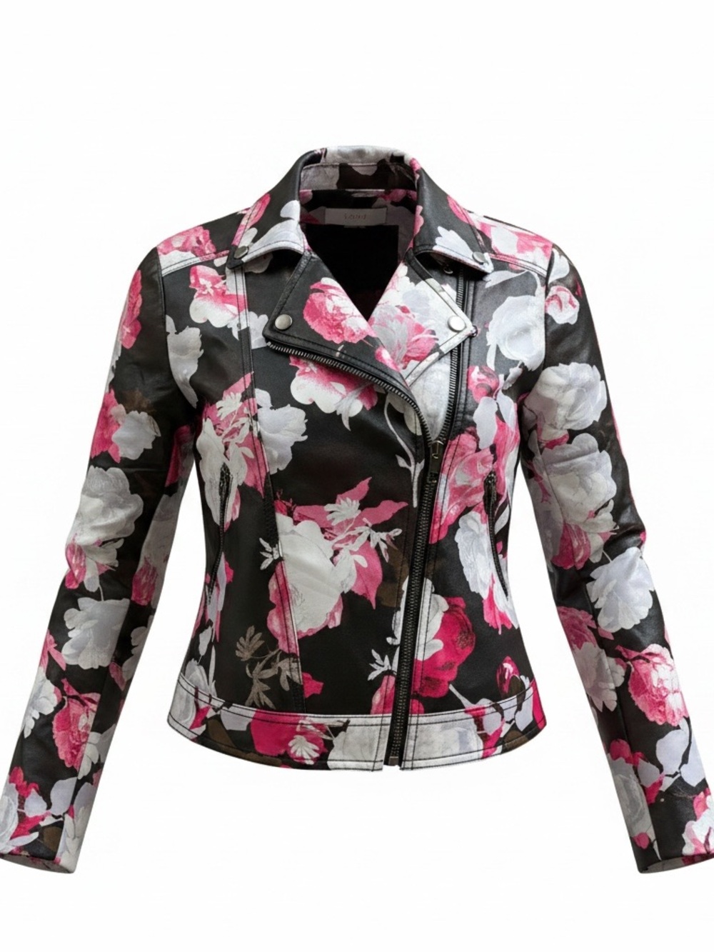 Scripted Floral Moto Leather Jacket in Black & Pink